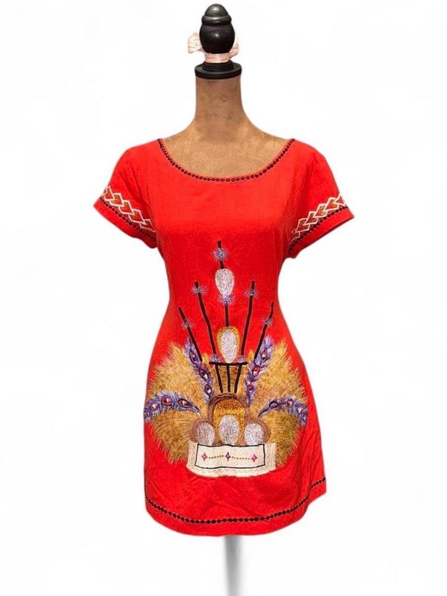 Vintage Red Embroidered Short Sleeve Shift Dress 60s 70s